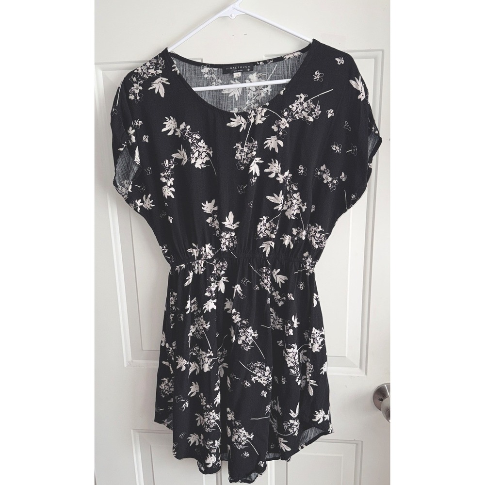 Final Touch Black White Floral Dress Medium Elastic Waist Short Sleeve Boho USA